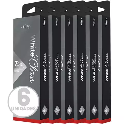 Caixa com seis unidades do clareador dental Whiteness Class 7,5% da FGM.