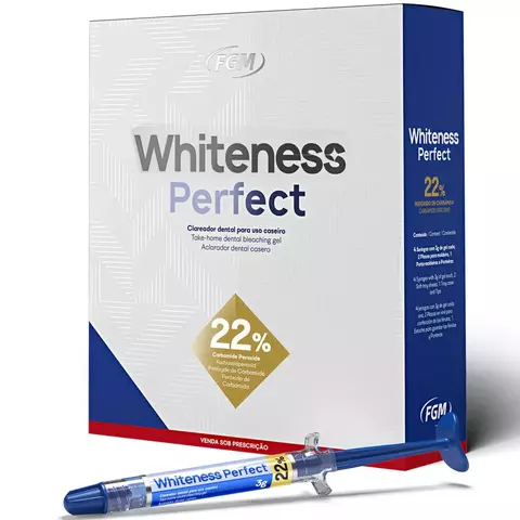 Caixa do Kit Clareador Dental Whiteness Perfect 22% da FGM com seringa de gel clareador.