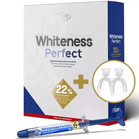 Caixa do kit clareador dental Whiteness Perfect 22% da FGM com uma seringa e moldeiras inclusas