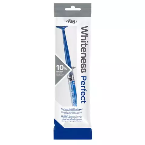 Embalagem do Clareador Dental Whiteness Perfect 10% da FGM com seringa azul para clareamento dental
