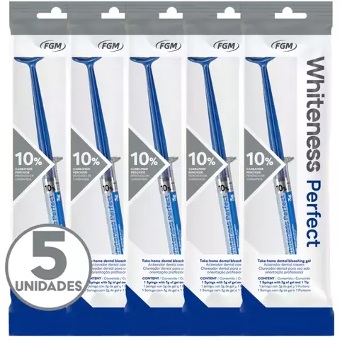 Pacote com 5 unidades de clareador dental Whiteness Perfect 10% da FGM, cada unidade em seringa com gel clareador