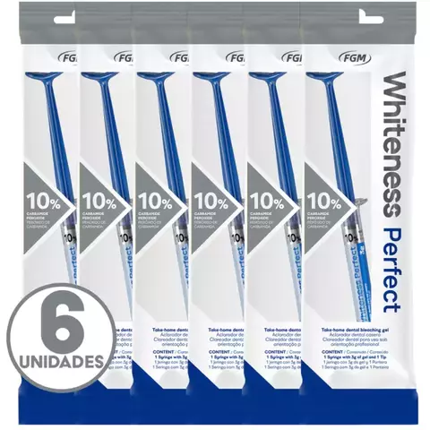 Embalagem do clareador dental Whiteness Perfect 10% da FGM, contendo 6 unidades de gel clareador para uso domiciliar.