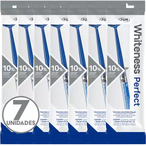 Pacote com 7 unidades do clareador dental Whiteness Perfect 10% da FGM, com seringa para aplicação.