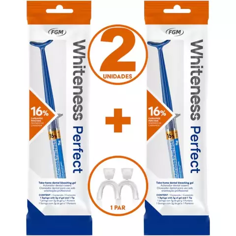 Embalagem do Clareador Dental Whiteness Perfect 16% da FGM, contendo duas unidades de gel clareador e um par de moldeiras.