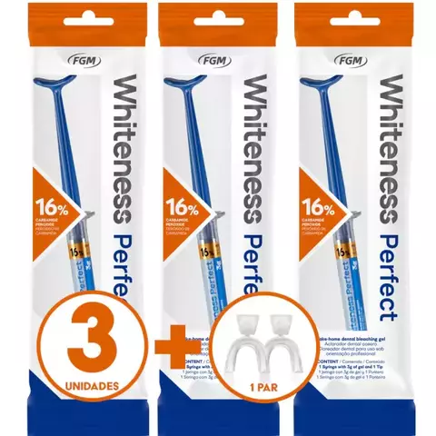 Embalagens do clareador dental Whiteness Perfect 16% da FGM, contendo 3 unidades de gel clareador e 1 par de moldeiras transparentes