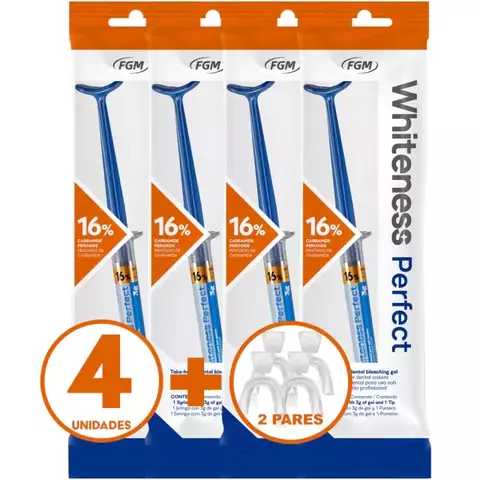 Embalagem do Clareador Dental Whiteness Perfect com 4 unidades de gel de clareamento e 2 pares de moldeiras.