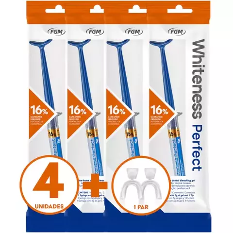 Pacote com quatro unidades de clareador dental Whiteness Perfect 16% da FGM, contendo também um par de moldeiras transparentes