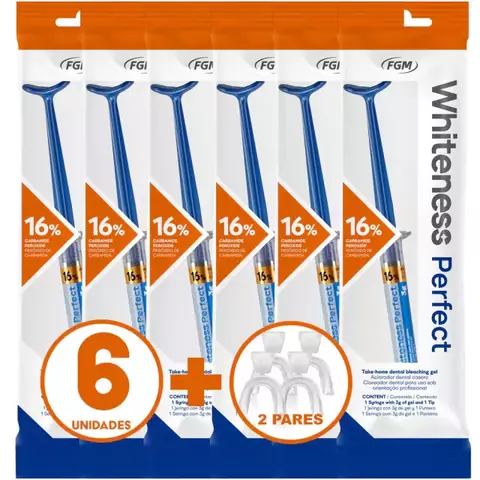 Kit Clareador Dental Whiteness Perfect 16% da FGM com 6 unidades de gel clareador e 2 pares de moldeiras
