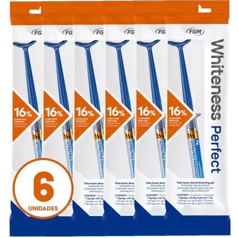 Kit clareador dental Whiteness Perfect 16% FGM com 6 unidades embaladas individualmente. Ideal para clareamento prolongado com ação gradual e pH neutro.