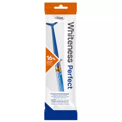 Clareador Dental Whiteness Perfect 16% da FGM em embalagem com seringa de gel para clareamento dental.