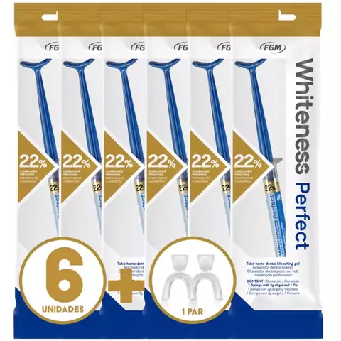 6 seringas de gel clareador Whiteness Perfect 22% FGM + 1 par de moldeiras termoplásticas, indicado para clareamento dental caseiro de longa duração, proporcionando dentes mais brancos com segurança e eficácia profissional.