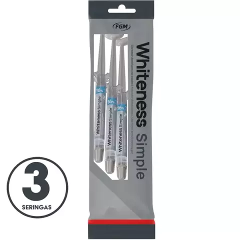 Pacote contendo três seringas de clareador dental Whiteness Simple 16% da FGM.