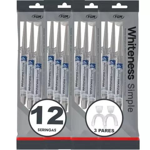 kit Clareador Whiteness Simple 22% da FGM, contendo 12 seringas de gel clareador dental e 3 pares de moldeiras termoplásticas, ideal para tratamentos prolongados de clareamento caseiro supervisionado por dentistas.