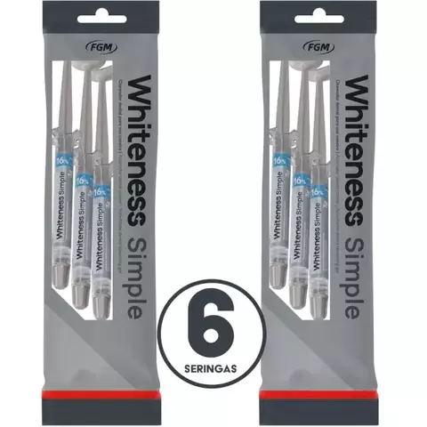 Pacote com 6 seringas do clareador dental Whiteness Simple 16% da FGM.