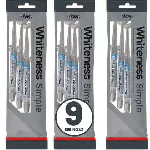 Embalagem do Clareador Dental Whiteness Simple com 9 seringas de 16% de composição.