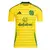 Camisa masculina amarela do Celtic II 24/25 da Adidas, com listras e logotipo da Dafabet.