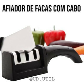 Amolador afiador de facas em aço inox Profissional com 3 afiadores e cabo emborrachado