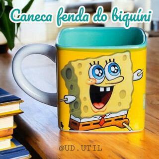 Caneca Xícara Quadrada Cubo Fenda do Biquíni Bob Esponja Patrick e Garry Original 300 ml