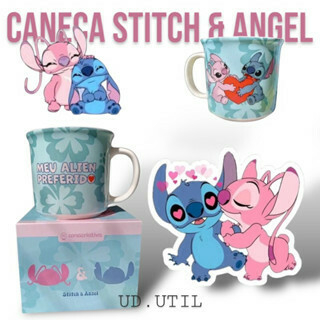 Caneca Xicara Stitch e Angel Namorados Disney Oficial 350 ml