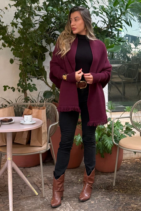 Capa de Tricot com Franja Elegante | Capa Brasa Marssala