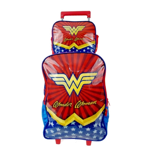 KIT Mochila Luxcel de Rodinhas Infantil da Mulher Maravilha + Lancheira Luxcel da Mulher Maravilha