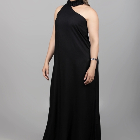 VESTIDO LONGO OMBRO SÓ C/ GOLA FRANZIDA LISO