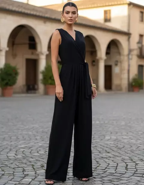 Macacão Malha Venechia Transpassado Preto