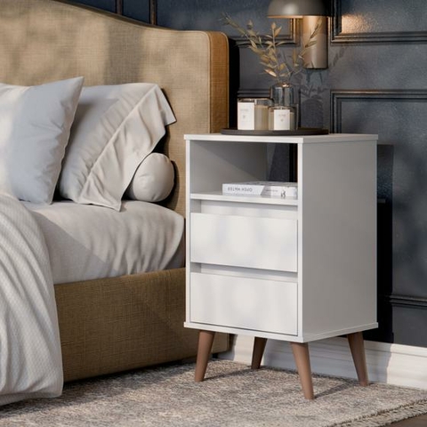 Mesa de Cabeceira para Quarto Retrô Toledo com 2 Gavetas Branco