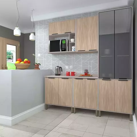 Cozinha Modulada 5 Peças com Balcões Aéreos Vidro Reflecta e Tampo Cinammon/Cumaru Lisboa