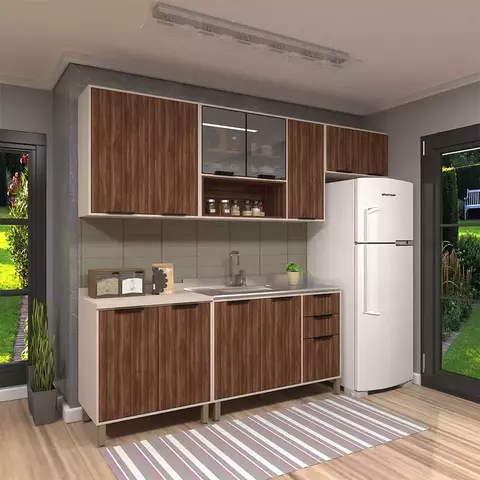 Cozinha Modulada 5 Peças com Balcões Aéreos Vidro Reflecta sem Pia Cinammon/Escarlate Lisboa