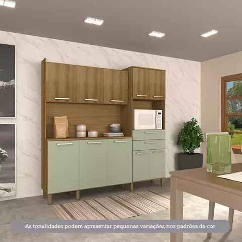 Cozinha Compacta 200cm 10 Portas e 2 Gavetas com Tampo Carvalho/Avelã/Verde