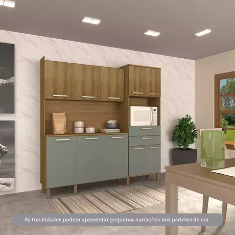 Cozinha Compacta 200cm 10 Portas e 2 Gavetas com Tampo Carvalho/Avelã/Cinza Supremo