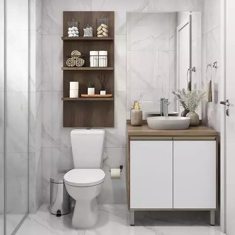 Gabinete para Banheiro sem Furação com Prateleira Suprema Vanilla/Branco Laca/Nogueira