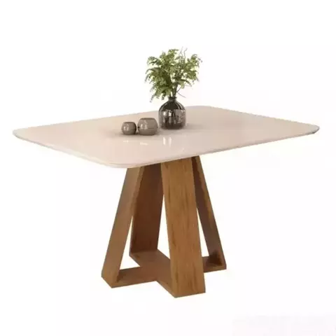 Mesa de Jantar Celena 120cm Tampo Chanfrado Curvo em Vidro Para 4 Lugares Freijó/Off White