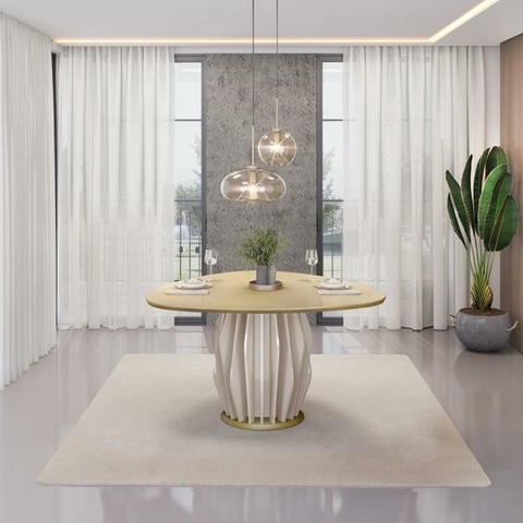 Mesa de Jantar Orgânica 136cm Caroline Off White/Dourado