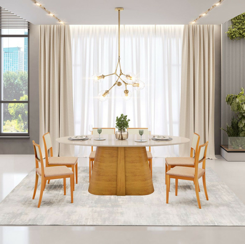 Conjunto de Jantar ⁠Mesa Lótus 218cm Tampo Orgânico com 6 Cadeiras Zaya Cedro/Off White/Linho Bege - comprar online