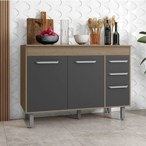 Balcão 3 Portas 2 Gavetas 120cm sem tampo Miran Grafite/Carvalho - comprar online