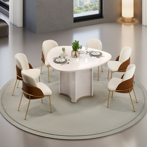 Conjunto Mesa de Jantar Elena 1,36m Orgânica Off White c/ 6 Cadeiras Moscou Boucle Terracota Espresso Móveis