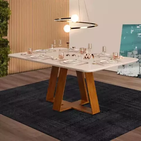 Mesa de Jantar Celena 160cm Tampo Chanfrado Curvo em Vidro Para 6 Lugares Freijó/Off White