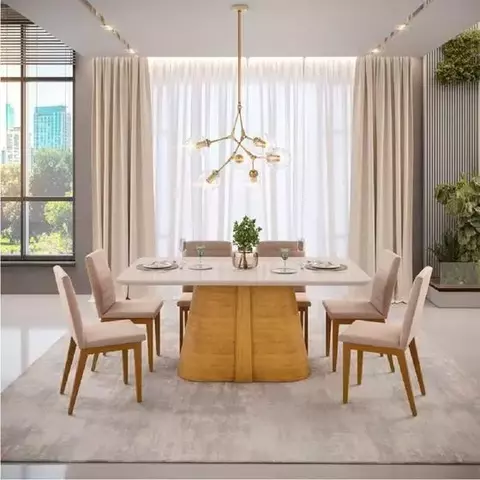 Conjunto Sala de Jantar Mesa Lótus 180x108cm c/6 Cadeira Tabata Linho Neve - comprar online