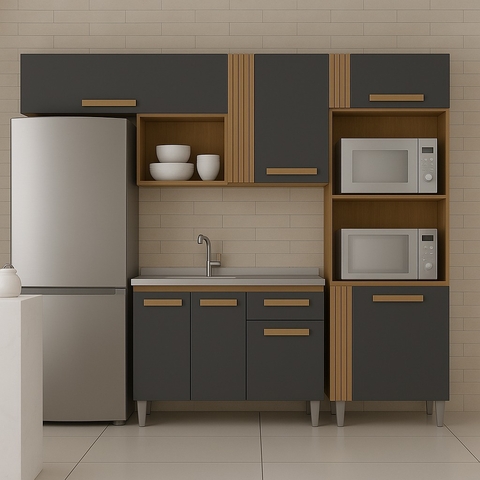 Cozinha Compacta 7 Portas 1 Gaveta Vick Sem Tampo Grafite/Off White - comprar online