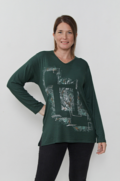 REMERA ESCOTE V MANGA LARGA TALLE ESPECIAL PINTADO ABSTRACTO CENTRAL CON FOIL 4995 - tienda online
