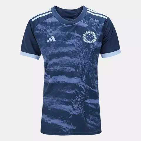 Camisa feminina do Cruzeiro III 24/25, na cor azul marinho, com detalhes em azul claro e o escudo do clube.
