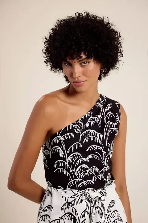 Blusa Ombro Pregas Palmeira Flora Preto - Lucidez