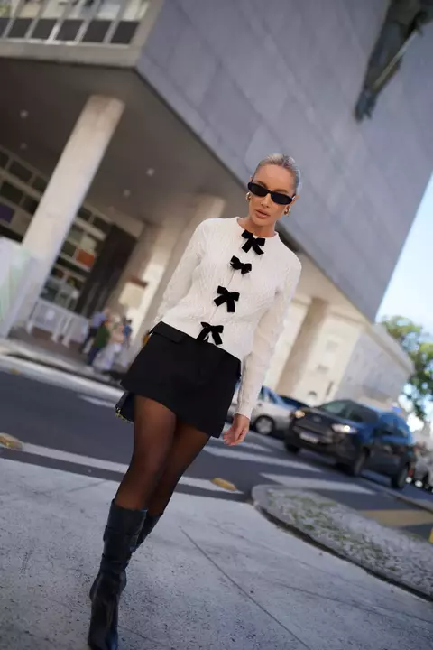 Blusa Casaco Lacinhos Veludo Natana Bc Off White Monc - Max Maria