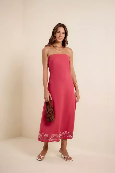 Vestido Linho Barra Bordada Rosa Gerbera - Lucidez