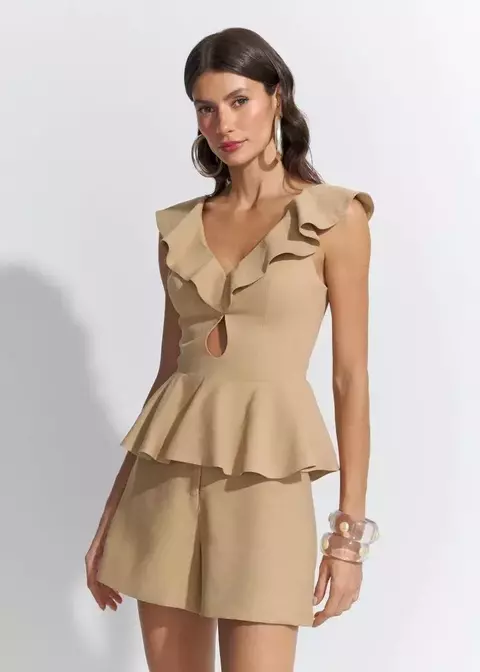 Conjunto Blusa Decote Babado Short Visco Linen - Lore