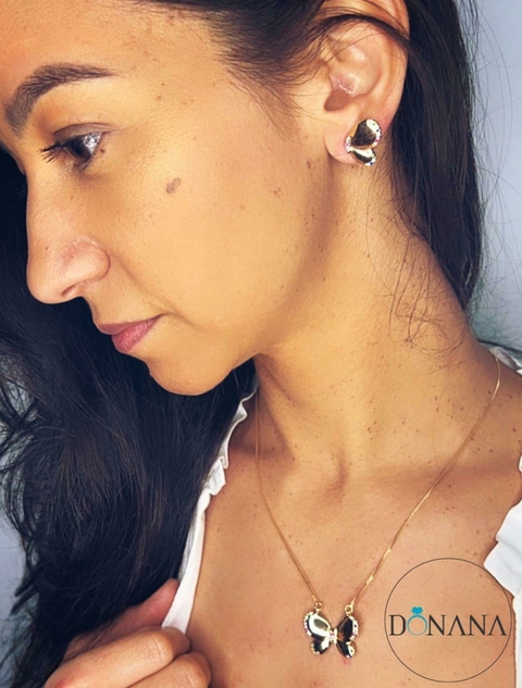 Conjunto Colar e Brincos Borboletas com Brilhantes nas Bordas Banho Ouro 18 K
