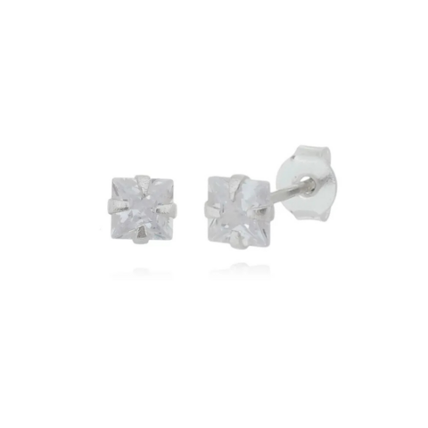 BRINCO DE PRATA FIXO ZIRCÔNIA QUADRADA DE 4MM
