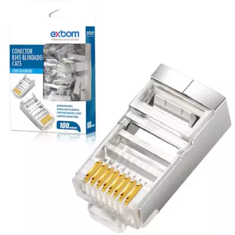 Conector Blindado RJ45 Cat5 8P8c Para Gigabit Ethernet Banhado a Ouro 100 Unidades Exbom - CONT-RJ45M100